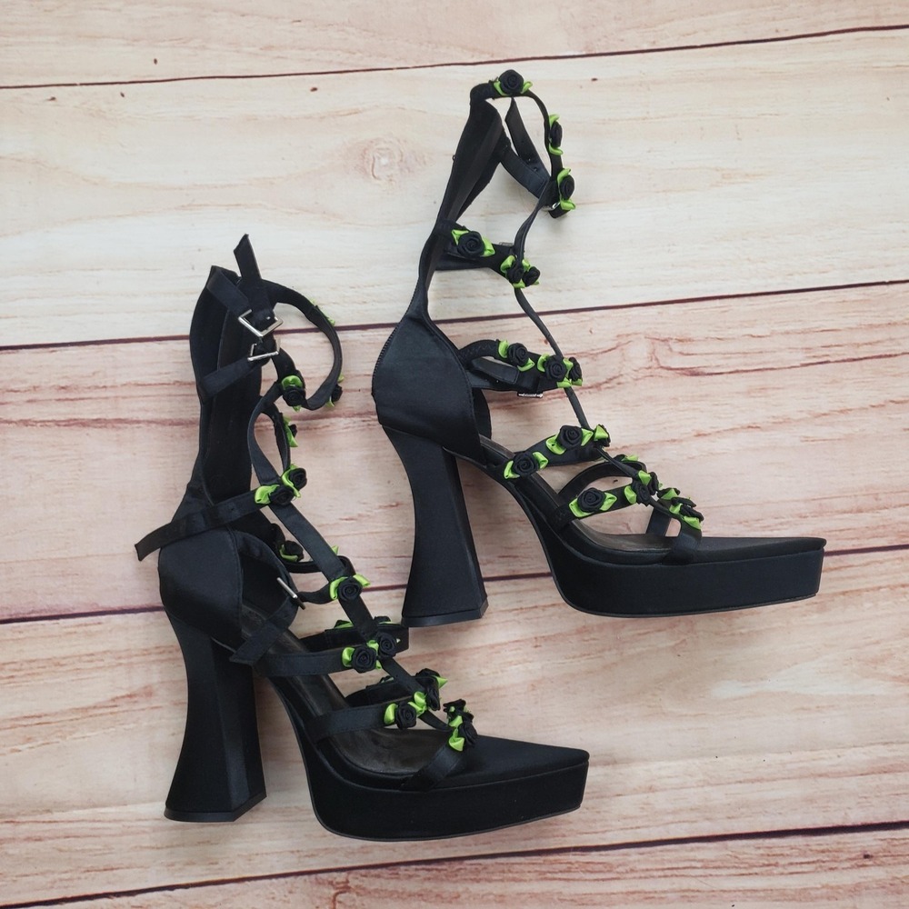 Dolls Kill Sugar Thrillz Heels‎ Womens Size 7 Black Strappy Platform Tall Ladies